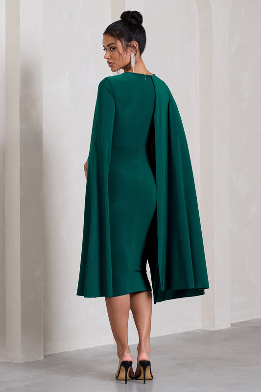 Marysol | Bottle Green Asymmetric Cape Midi Dress