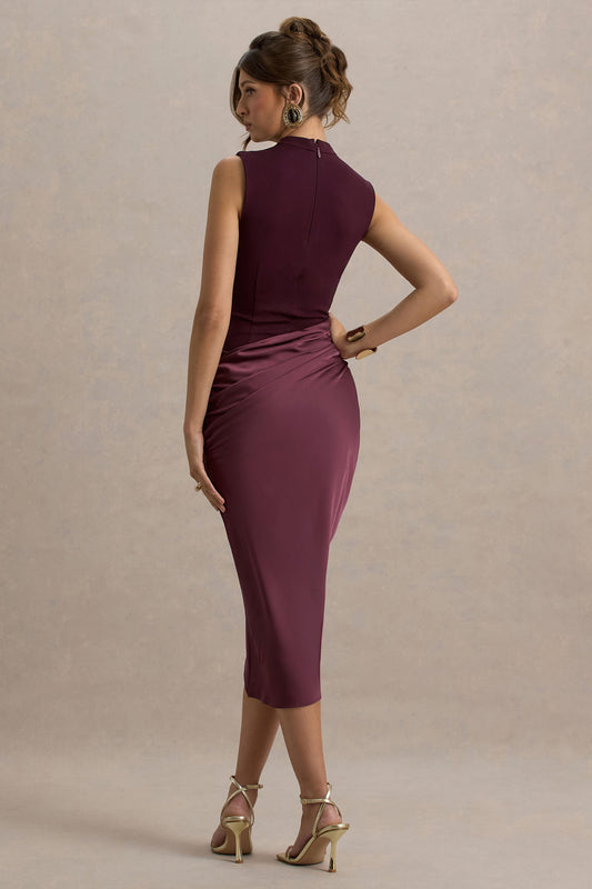 All Yours | Dark Cherry Satin High-Neck Wrap Midi Dress