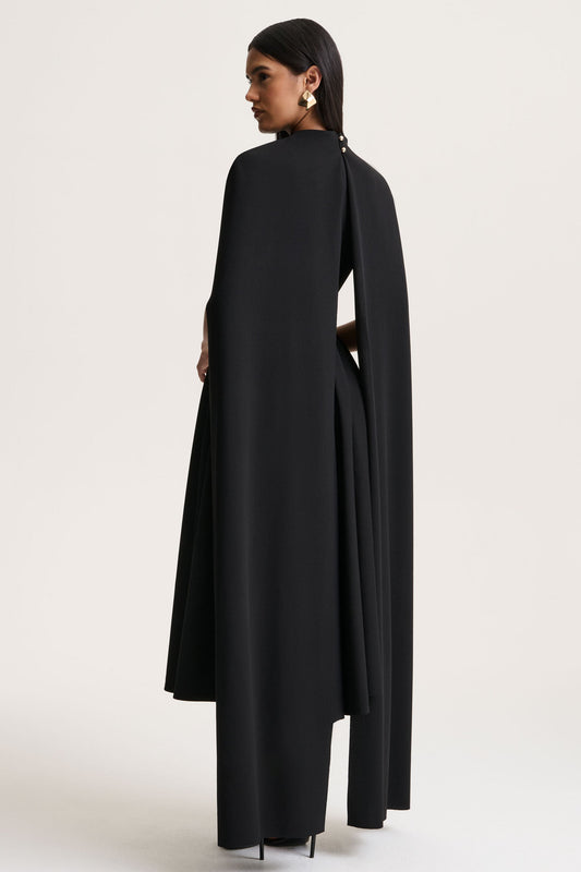Nova | Black High-Neck Midi Dress With Cape-Sleeves
