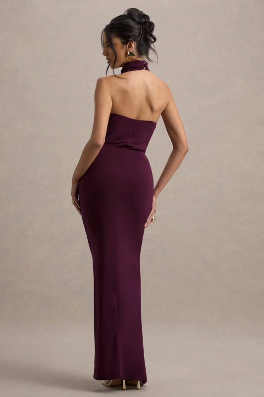 Hayden | Burgundy High-Neck Draped Split Maxi Dress