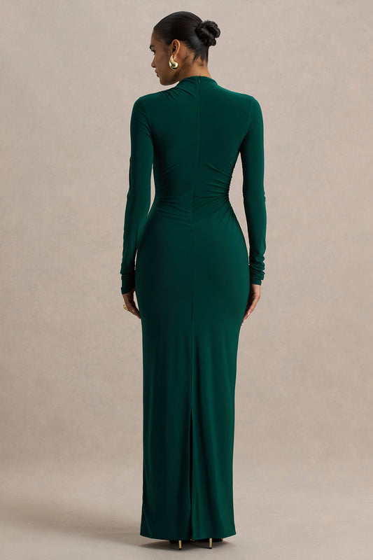 Eden | Bottle Green High-Neck Maxi Dress With Ruched Detailing