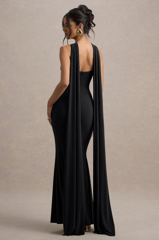 Rhoda | Black Twist Halter-Neck Cape Maxi Dress
