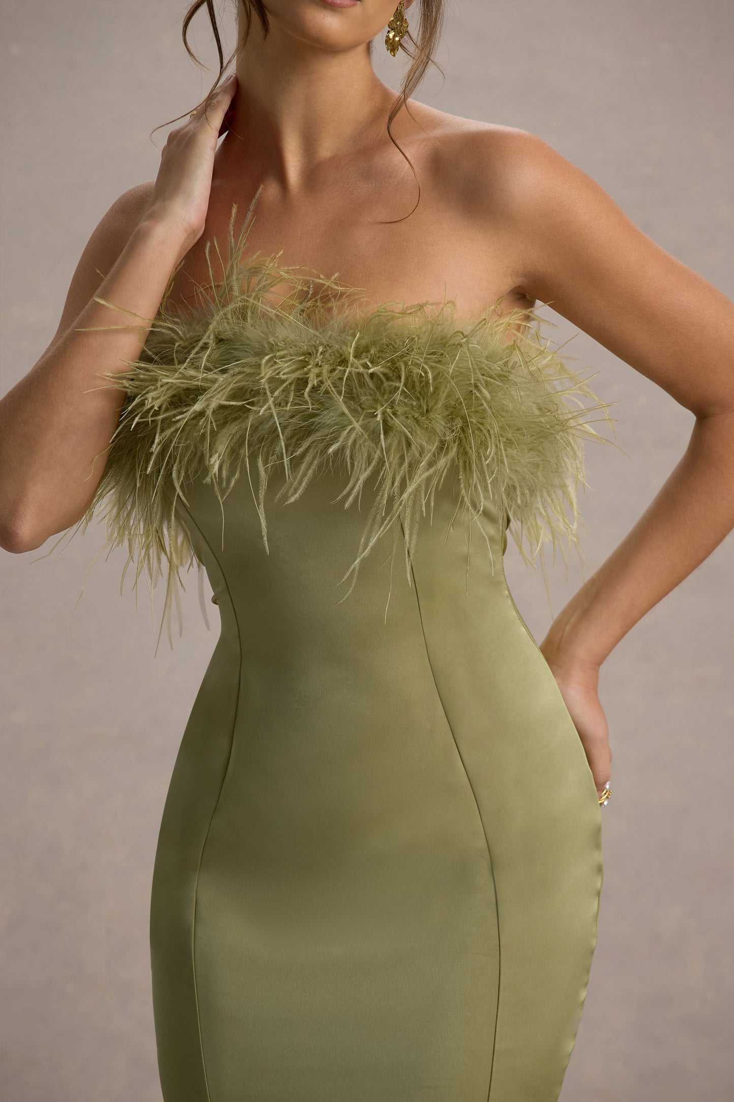 One And Only | Light Green Satin Feather Trim Bandeau Midi Dress
