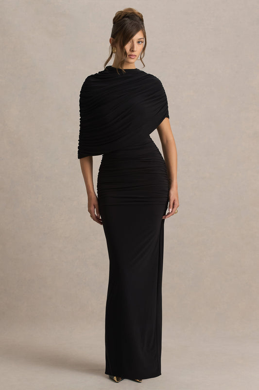 Glitz | Black High-Neck Maxi Dress With Cape Sleeve and Ruched Detail