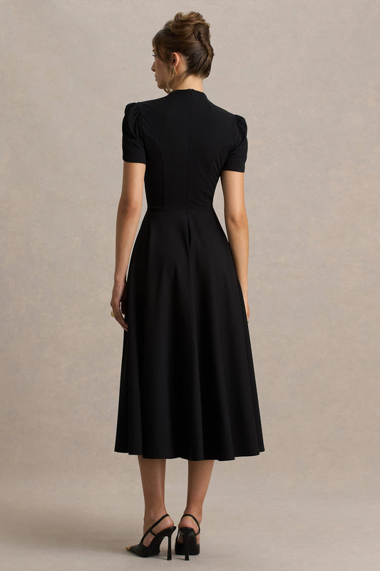 Vicky | Black High Neck Midi Dress With Puff Sleeves
