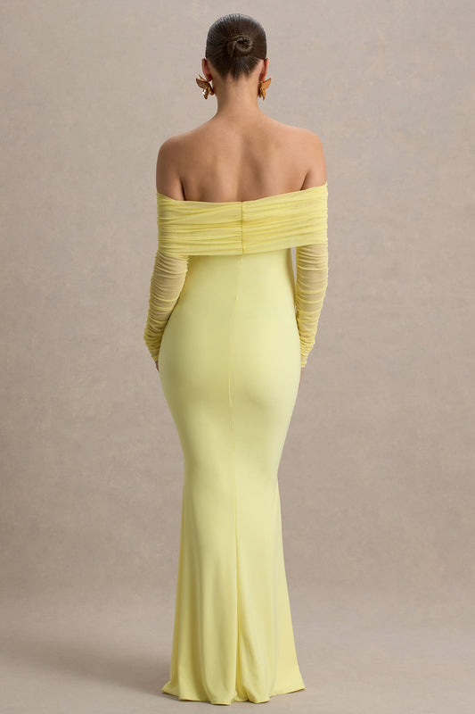 Pretty Perfect | Lemon Maternity Ruched Mesh Bardot Maxi Dres