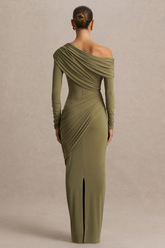 Perrie | Olive Asymmetric-Neck Maxi Dress With Ruched Detailing