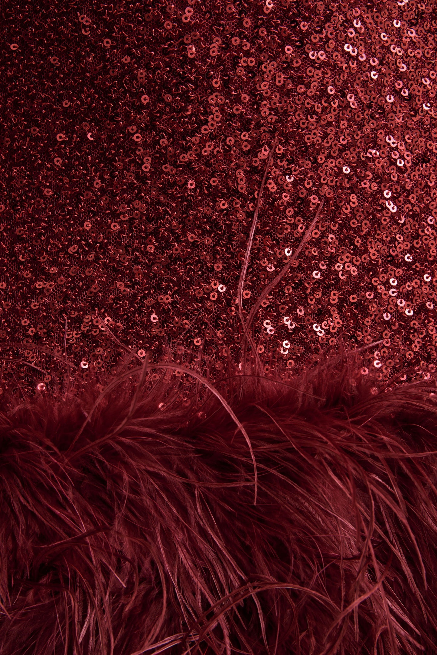 Rosalinda | Burgundy Sequin Square-Neck Mini Dress With Feather Trim