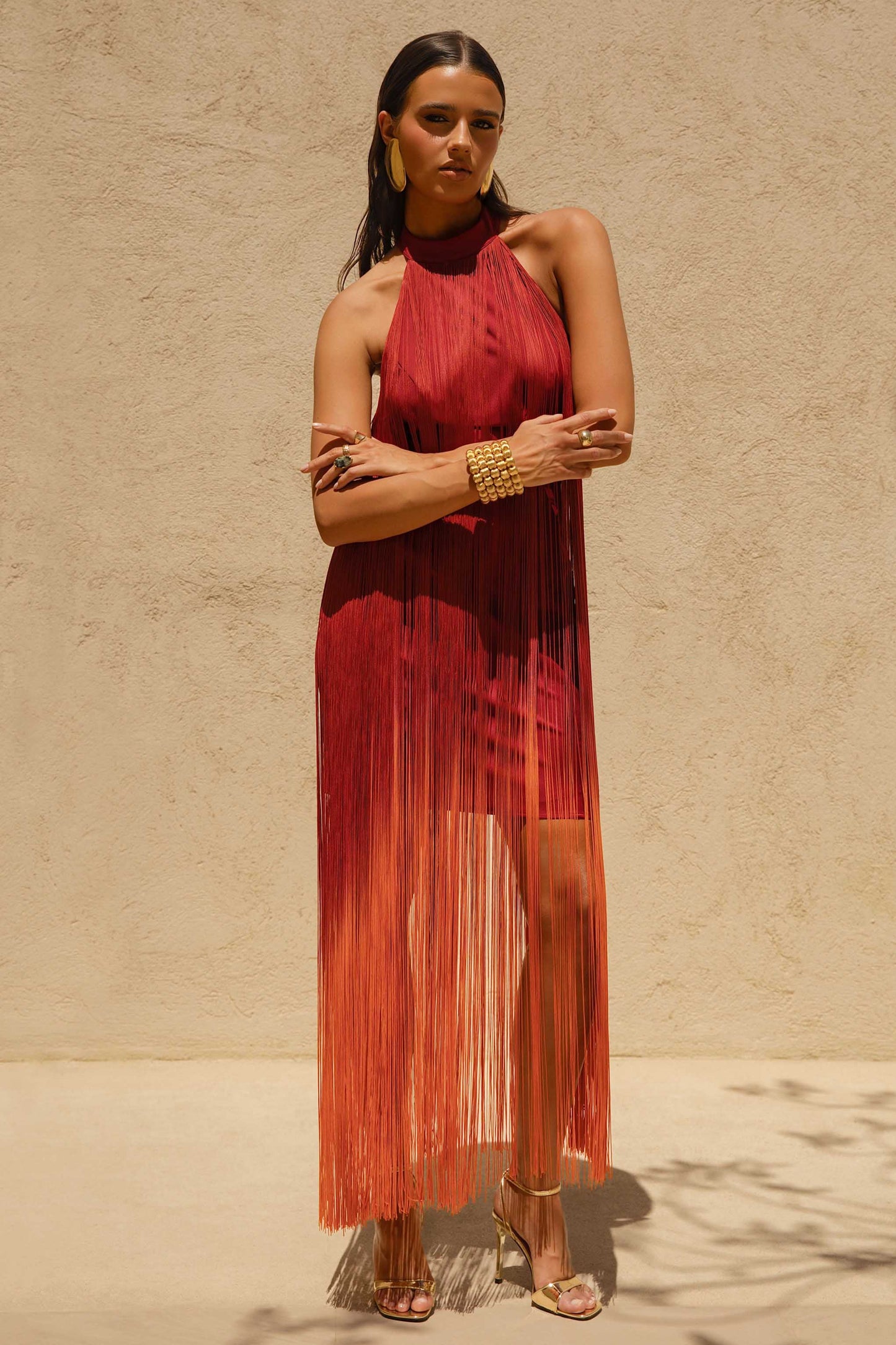 Alessia | Orange Ombre Fringe High-Neck Maxi Dress