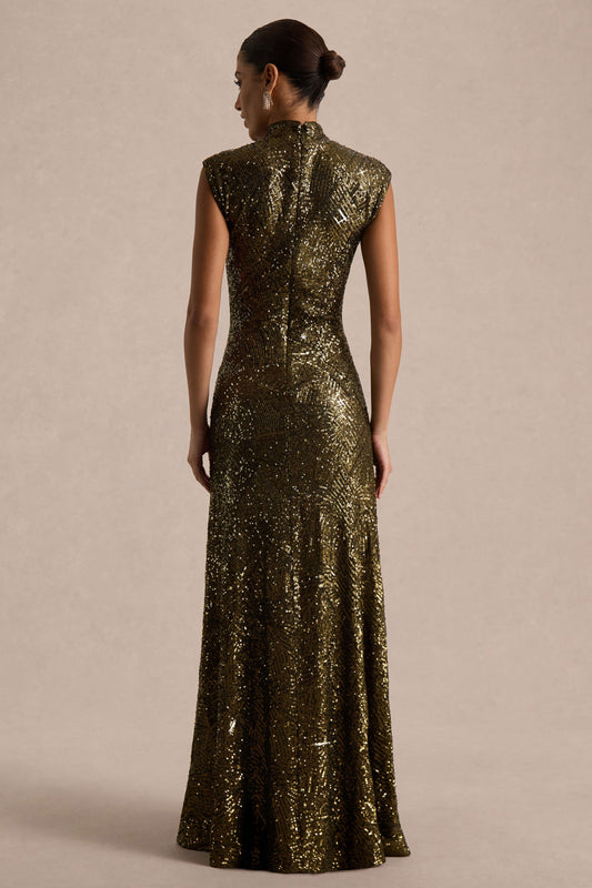 Cecy | Khaki Sequin High-Neck Maxi Dress With Cap Sleeves