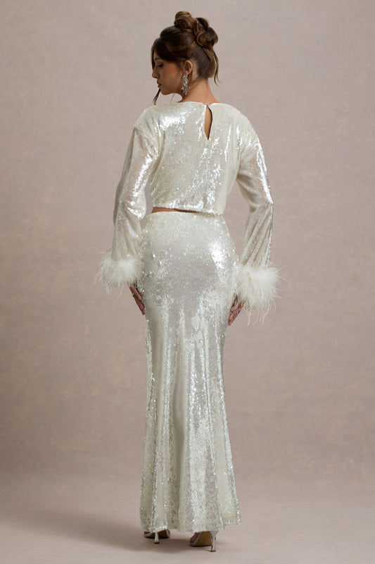 Raia | Sand Sequin Split Maxi Skirt