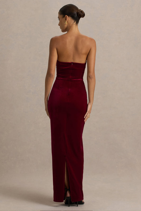 Illusion | Burgundy Velvet Bandeau Maxi Dress With Bow Detail