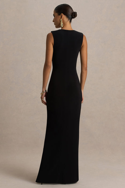 Alena | Black Extreme-Plunge Neck Maxi Dress With Gold Detail