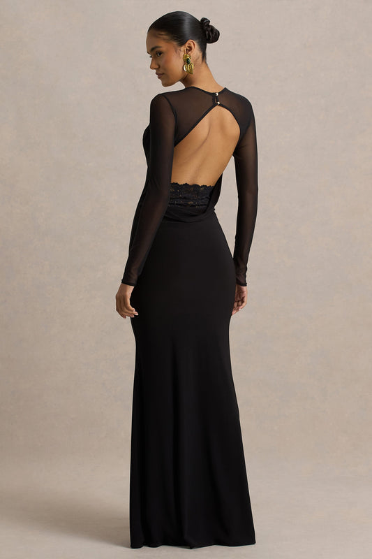 Bethan | Black Cowl-Neck Maxi Dress With Mesh Sleeves And Open-Back