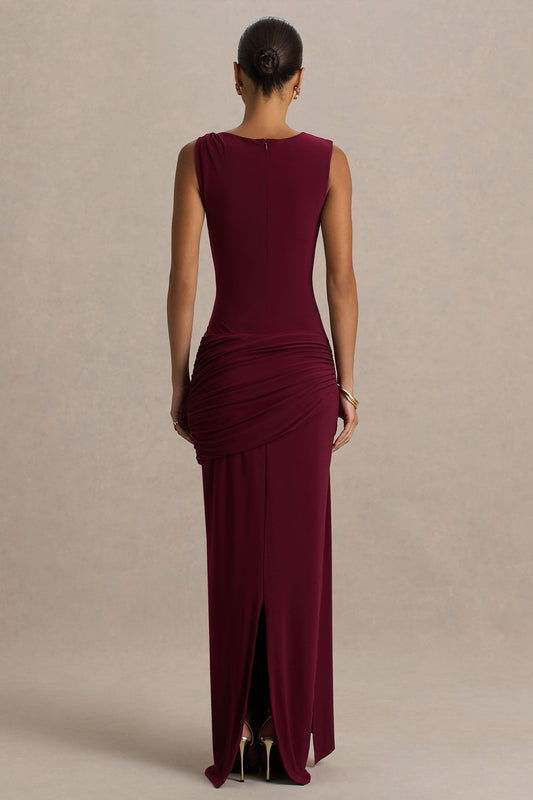Decadence | Burgundy High-Neck Wrapped Maxi Dress With Twist-Sleeve