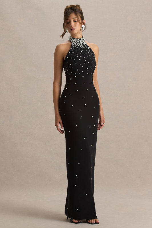 Dani | Black Hand-Embellished Halter-Neck Maxi Dress