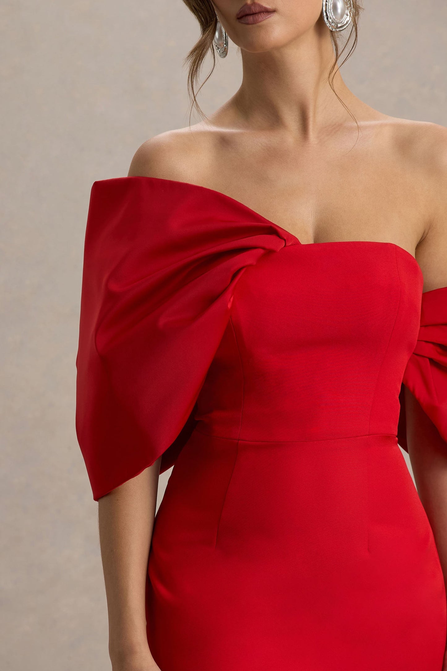 Lucille | Red Asymmetric Bardot Midi Dress With Bow Detail