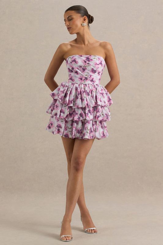 Swirl | Cream Floral Print Bandeau Puffball Mini Dress With Ruffle Detail