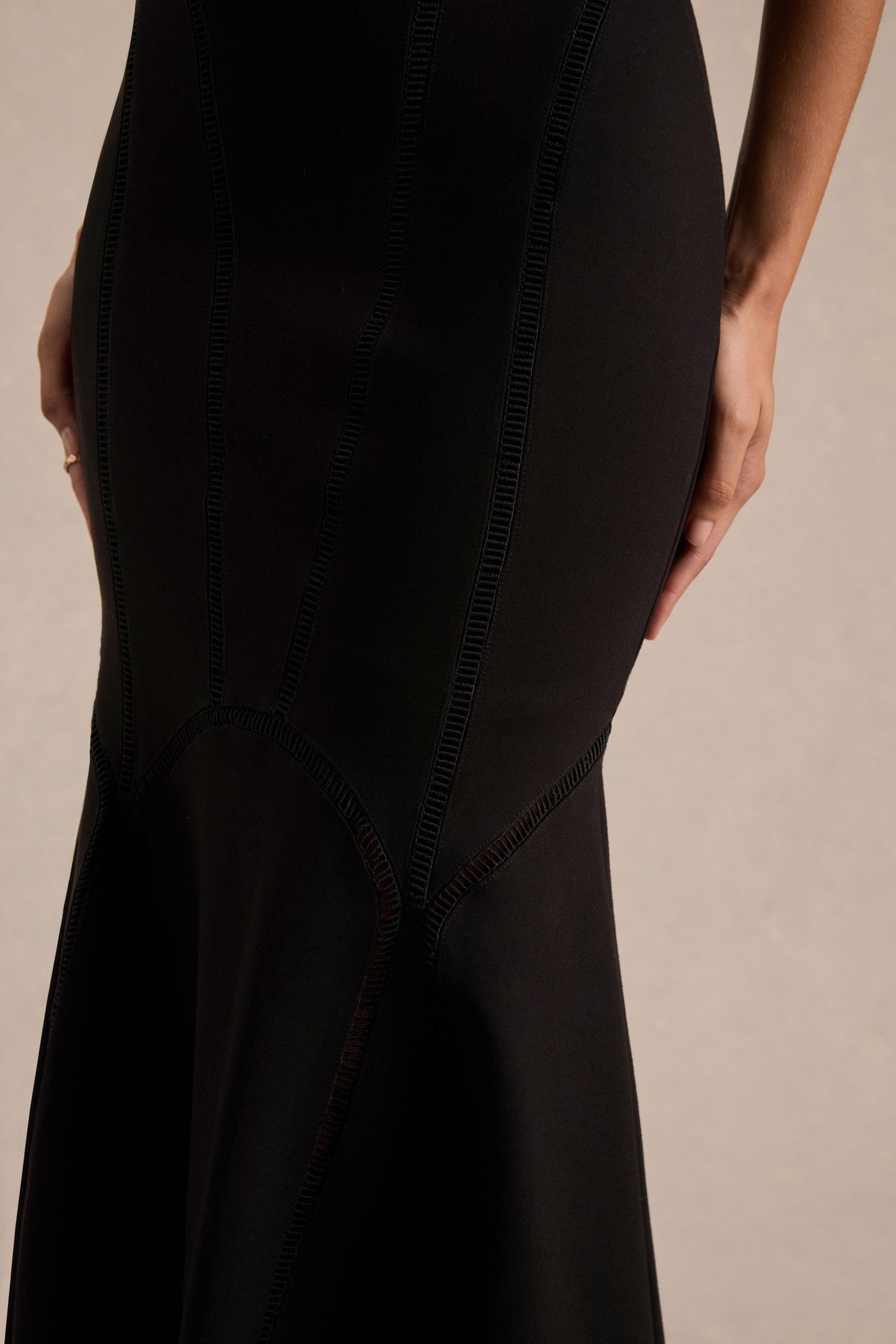 Sally | Black Crew-Neck Midi Dress With Drop Waist And Pleated Detailing