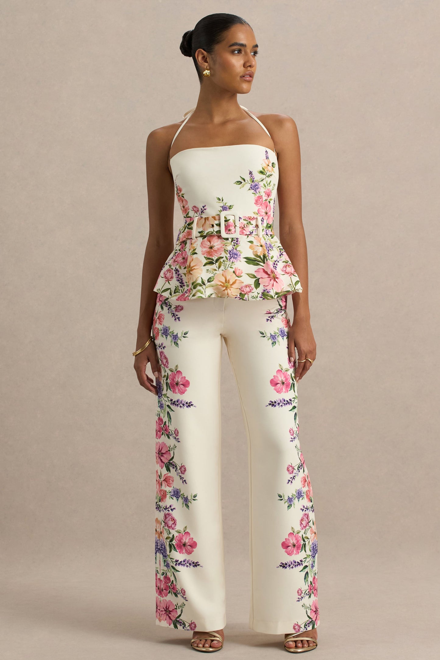 Solana | White Floral Border Print Wide-Leg Trousers