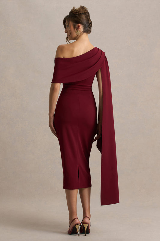 Leah | Burgundy Asymmetric-Neck Midi Dress With Cape-Sleeve