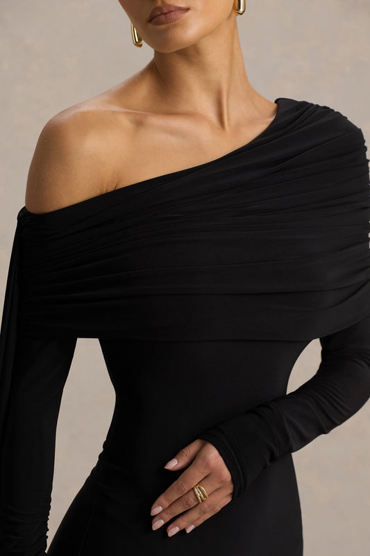 Octavia | Black Bardot-Neck Maxi Dress With Cape And Ruched Detailing