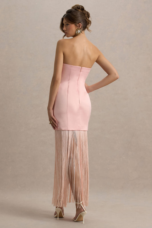 Trinity | Blush Pink Satin Bandeau Maxi Dress With Fringe
