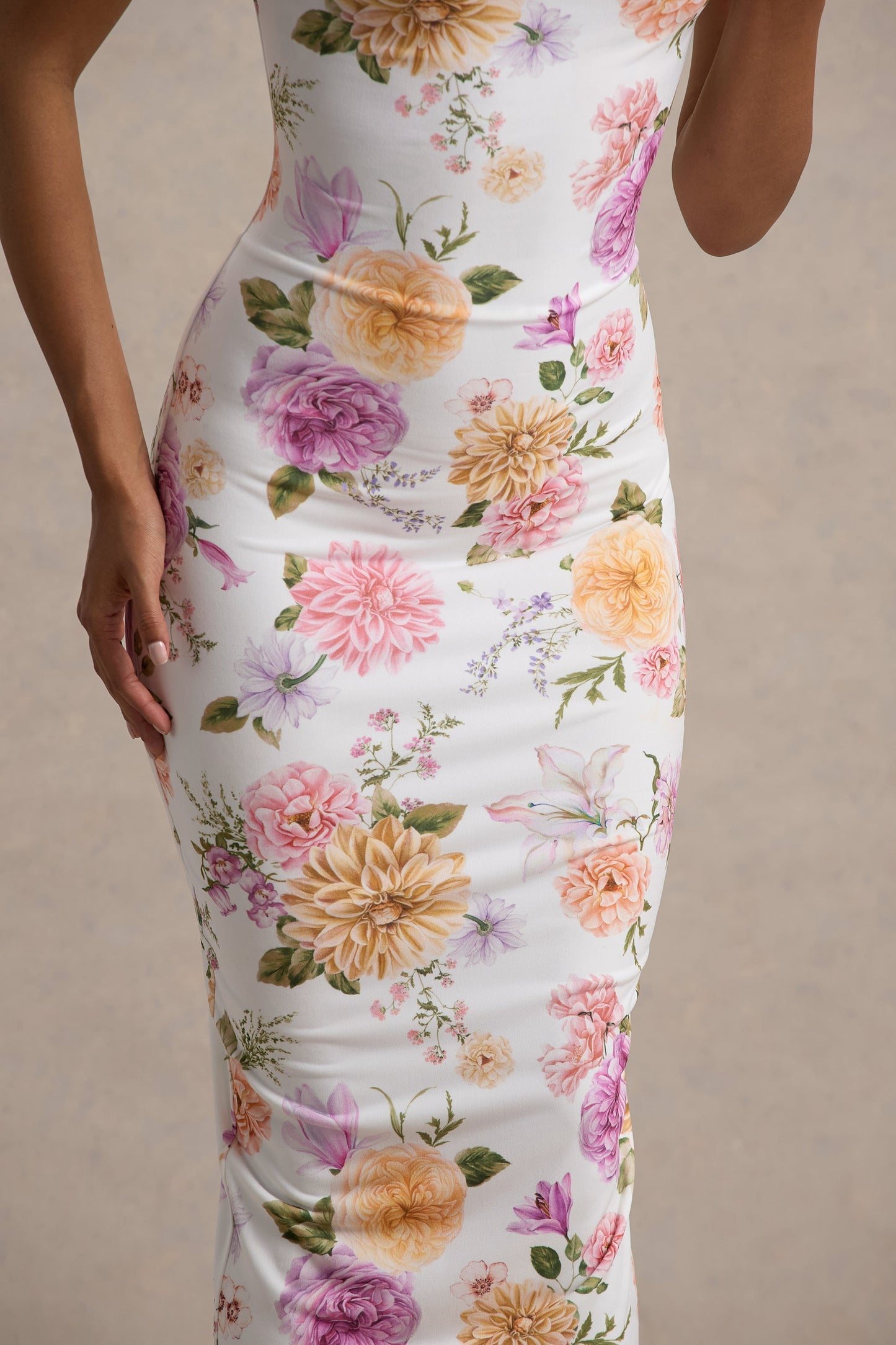 Nora | Peach And Lilac Floral Twisted Asymmetric Midi Dress