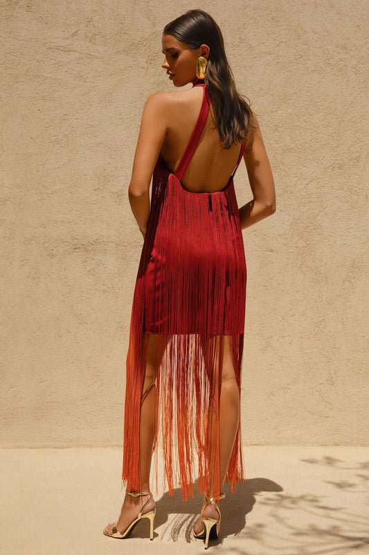 Alessia | Orange Ombre Fringe High-Neck Maxi Dress