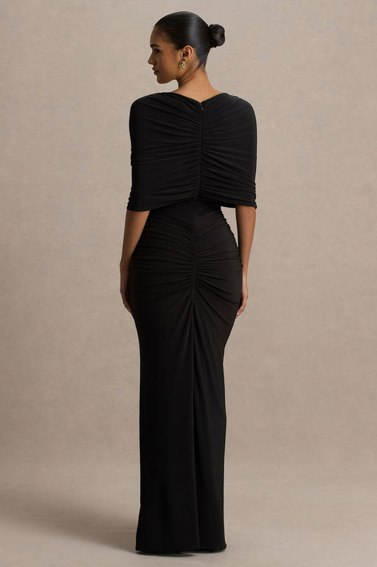 Zinnie | Black Cape-Sleeve Maxi Dress With Mesh Panel