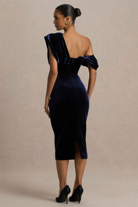 High End | Navy Velvet Asymmetric-Neck Midi Dress With Draped Detailing