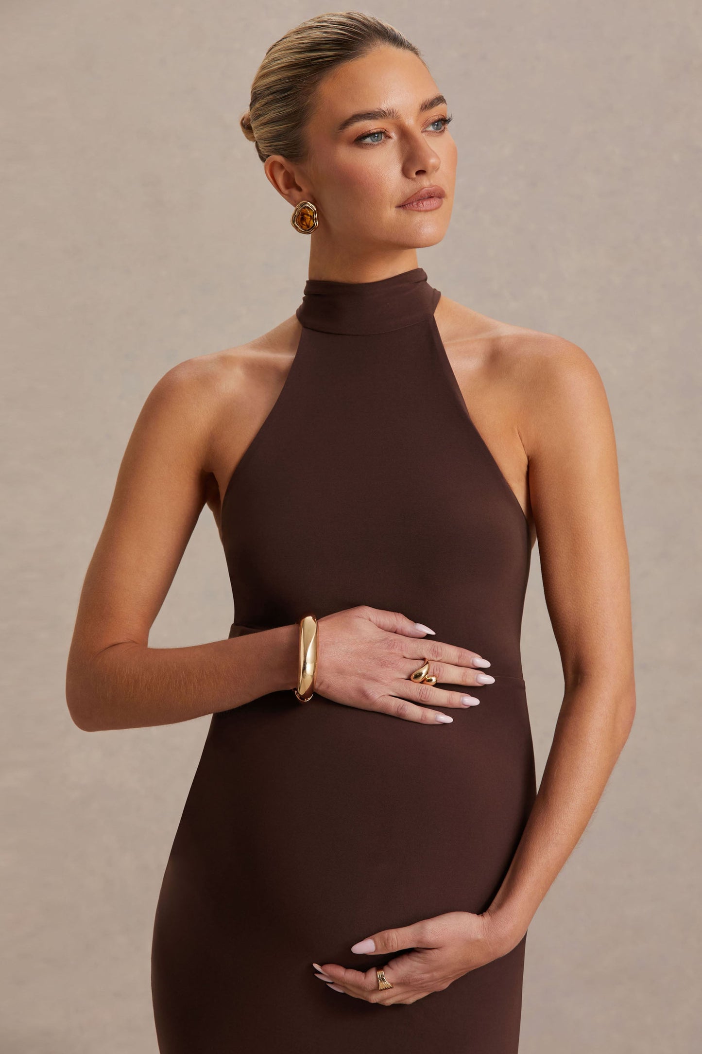 Mireille | Brown Halter-Neck Maternity Midi Dress