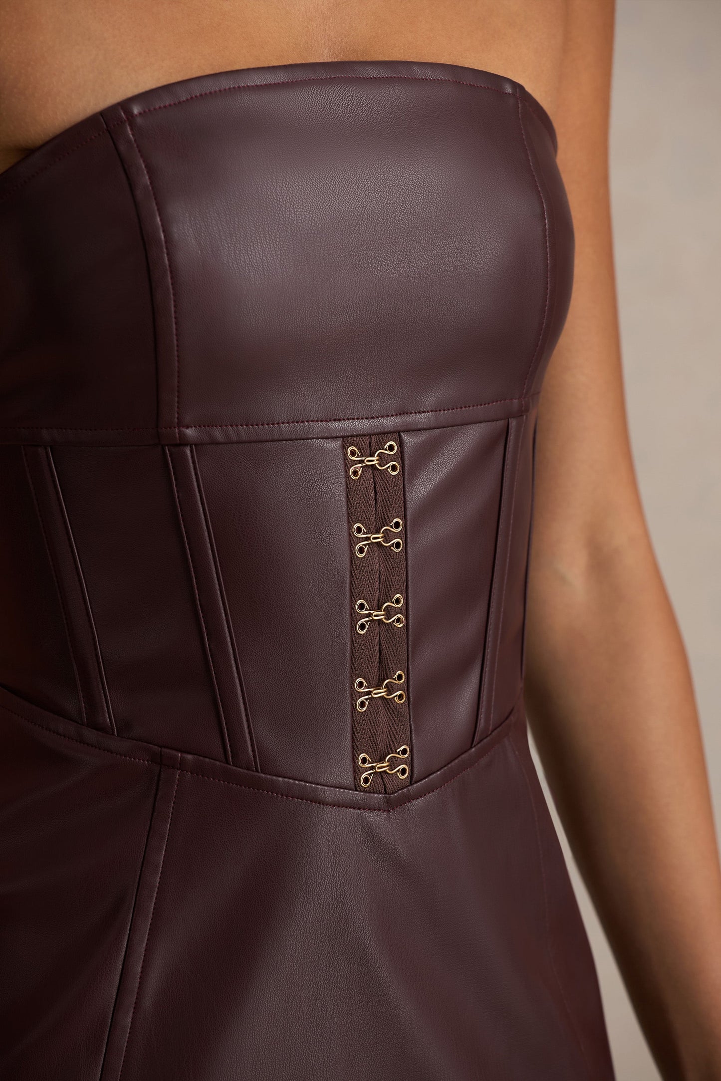 Zola | Burgundy Faux Leather Bandeau Midi Dress
