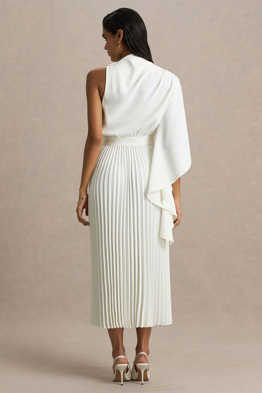 Jimena | Cream High-Neck Midi Dress With One-Long Sleeve And Pleated Detailing