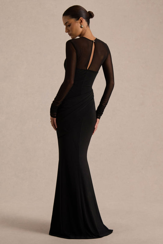 Deema | Black Jersey And Mesh High Neck Maxi Dress