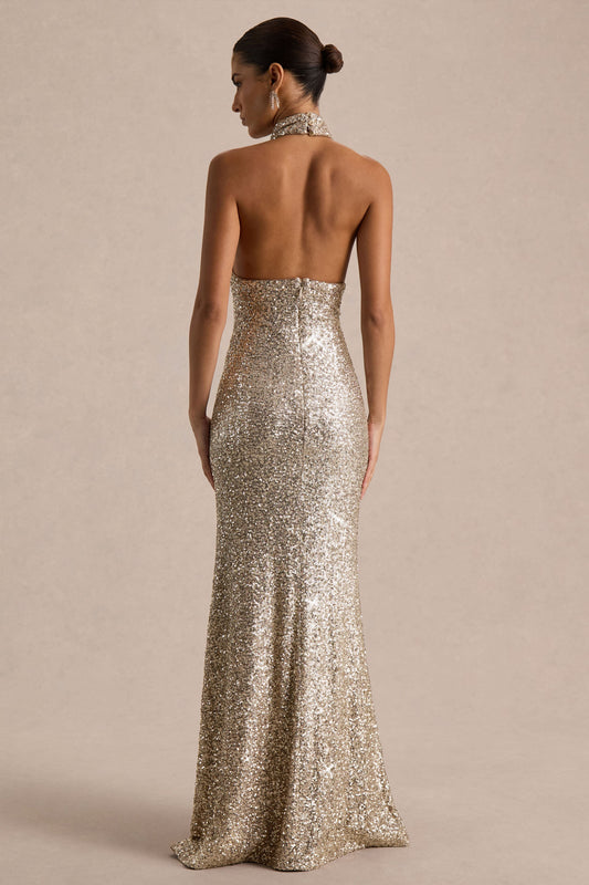 Tulia | Champagne Sequin High-Neck Maxi Dress