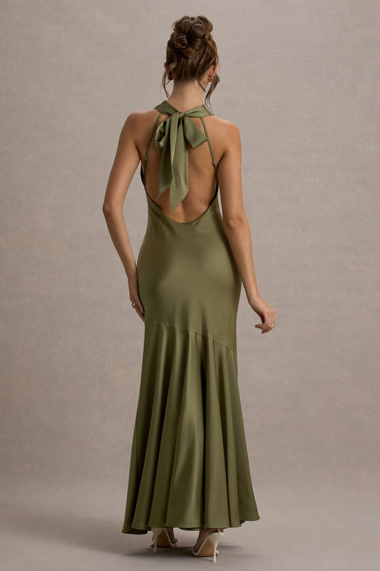 Amelita | Khaki Satin Cowl-Neck Maxi Dress