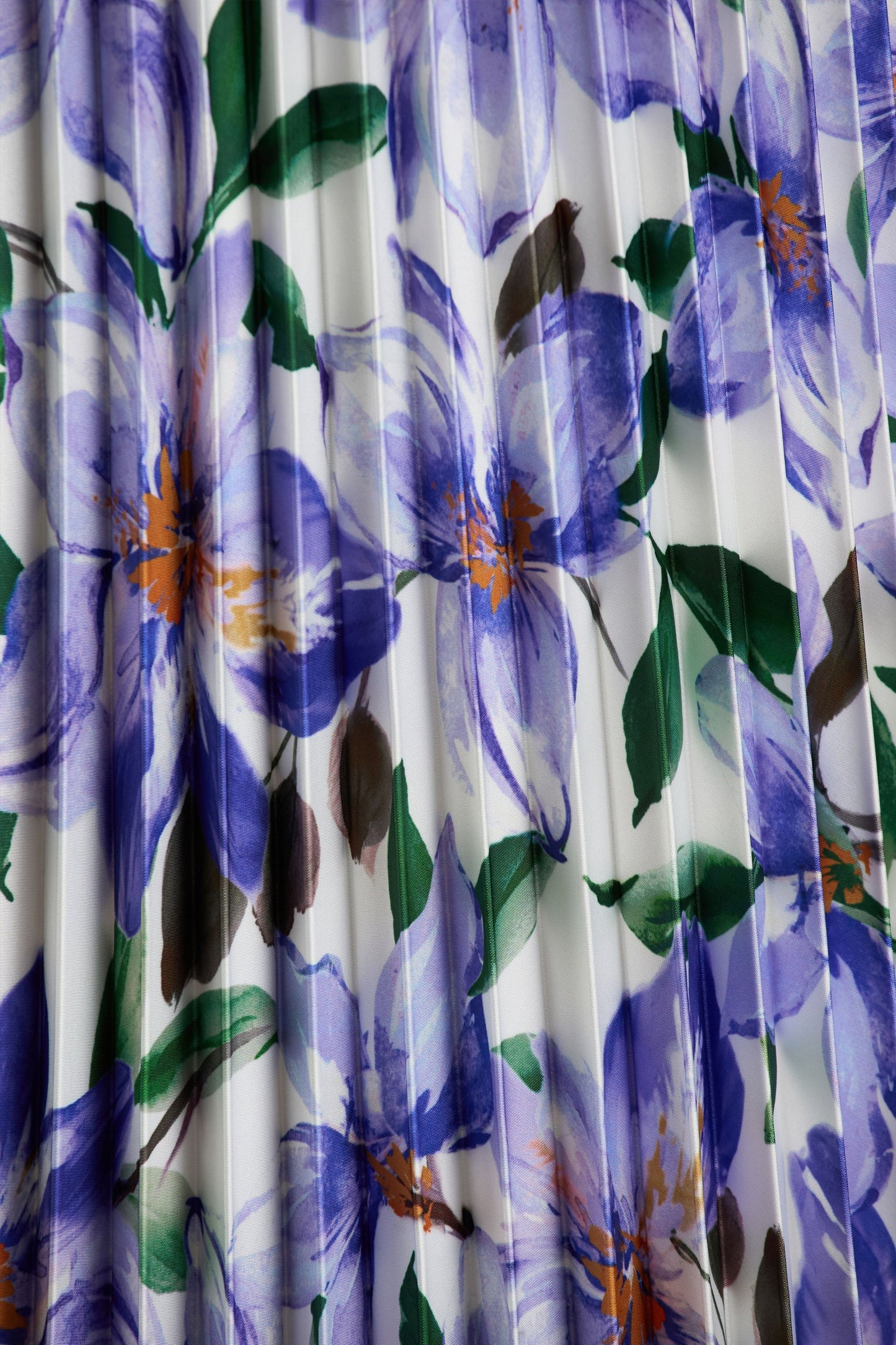 Peyton | Purple Lily Print Satin Sweetheart-Neck Midi Dress With Pleated Details