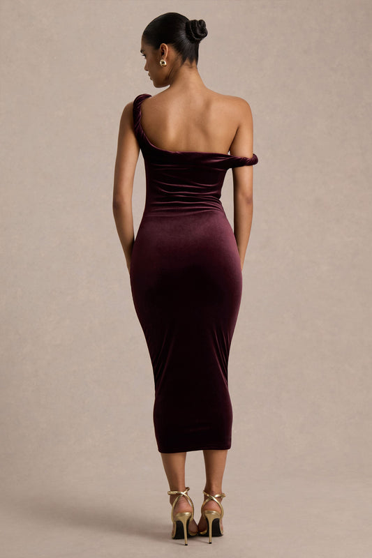 Carella | Burgundy Velvet Twisted Asymmetric Midi Dress