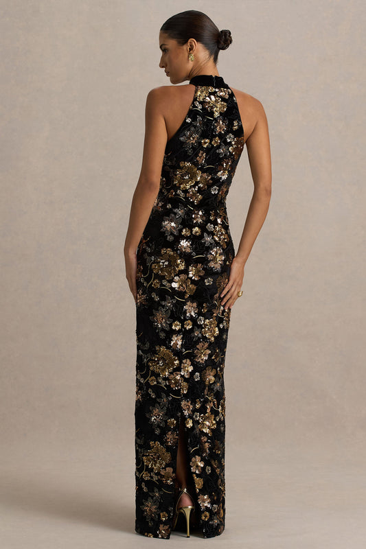 Tate | Black Velvet Halter-Neck Maxi Dress With Bronze Floral Sequin Embellishments
