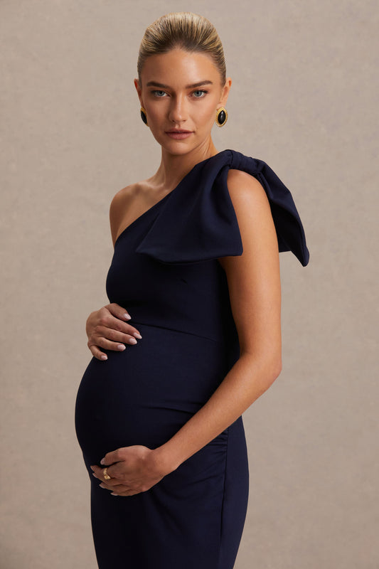 Adorn | Navy Asymmetric Maternity Midi Dress With Shoulder Bow Detail