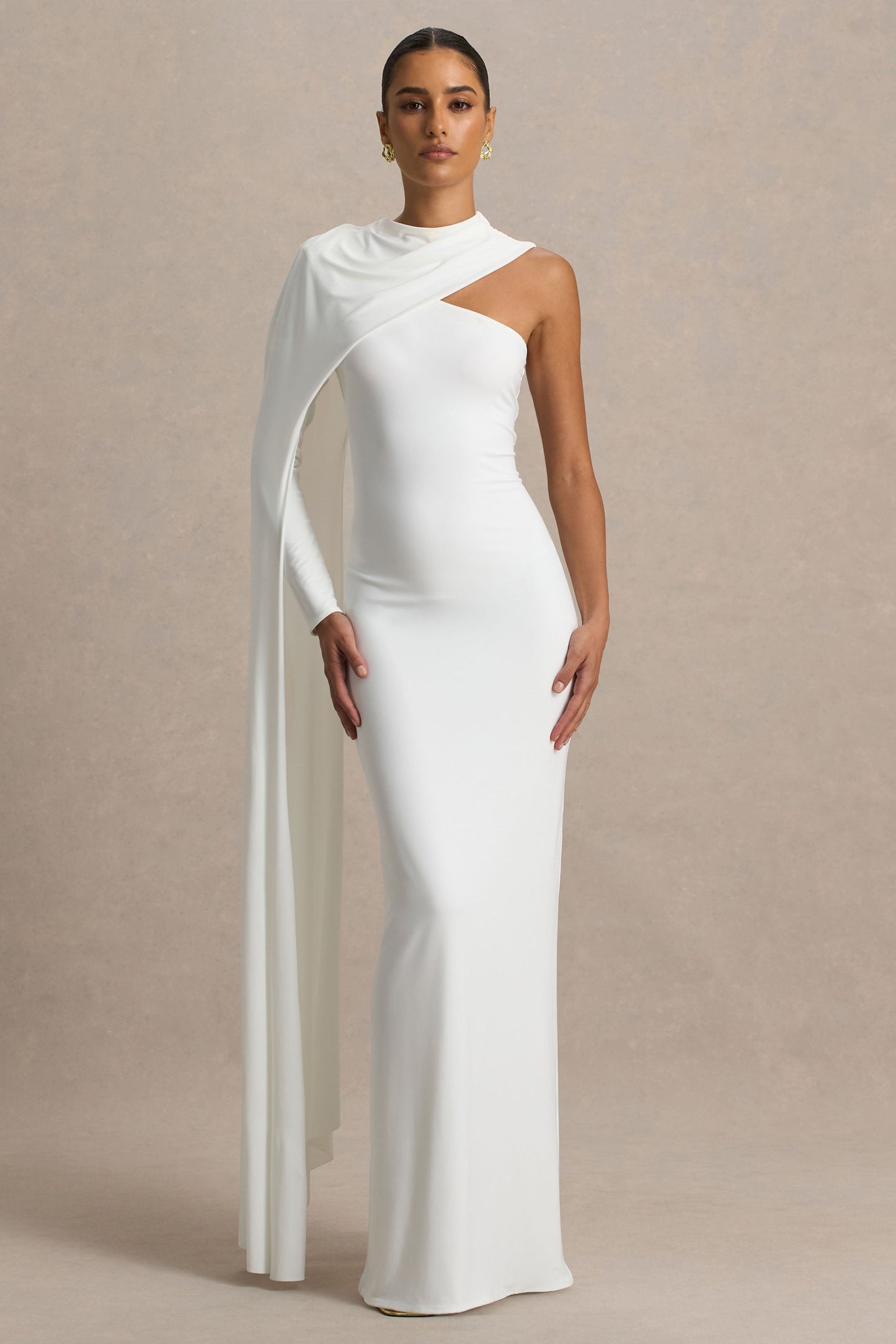 Dawn | Cream High-Neck Maxi Dress With One Long Cape-Sleeve