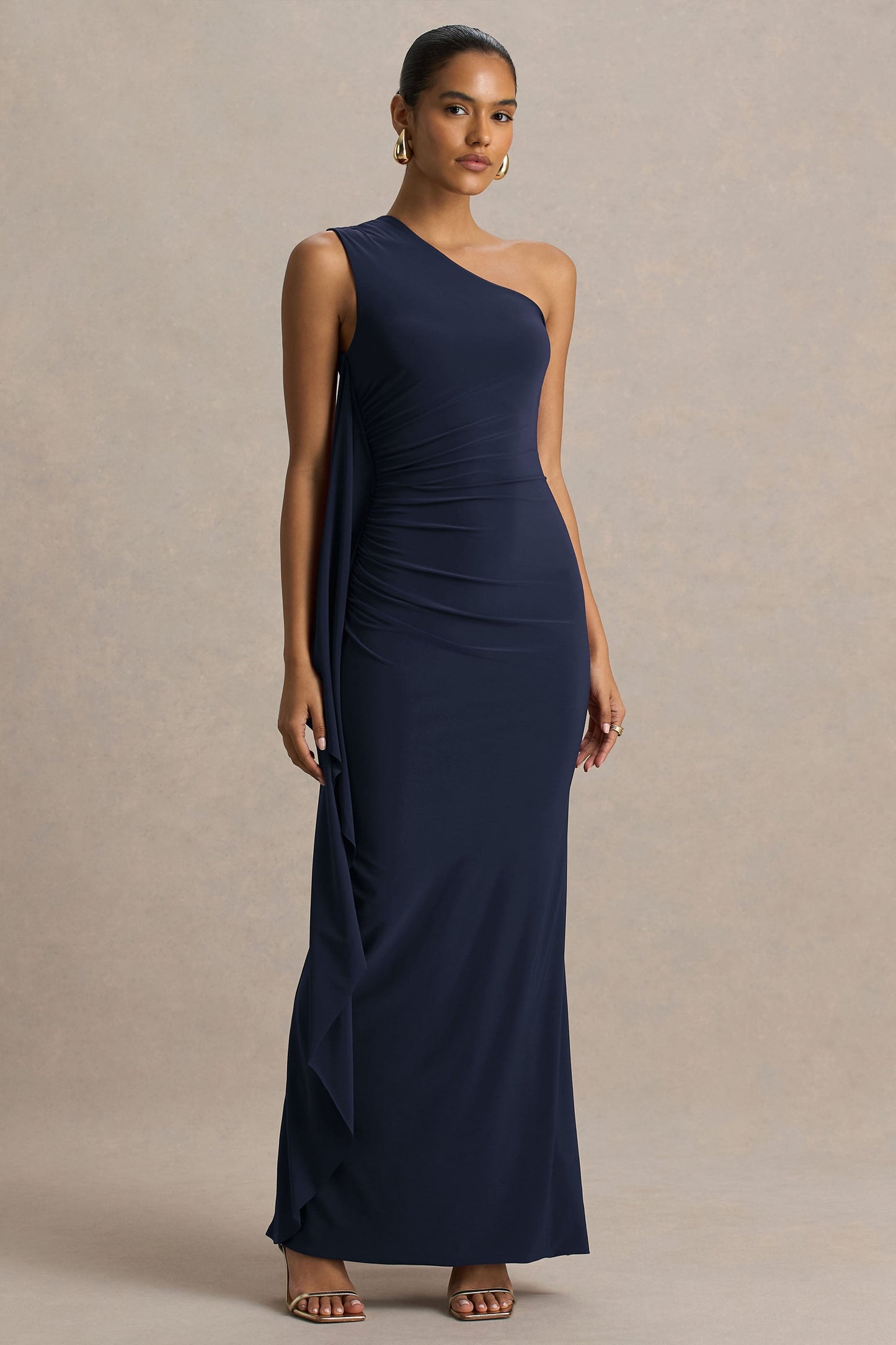Adelina | Navy One-Shoulder Maxi Dress With Drape
