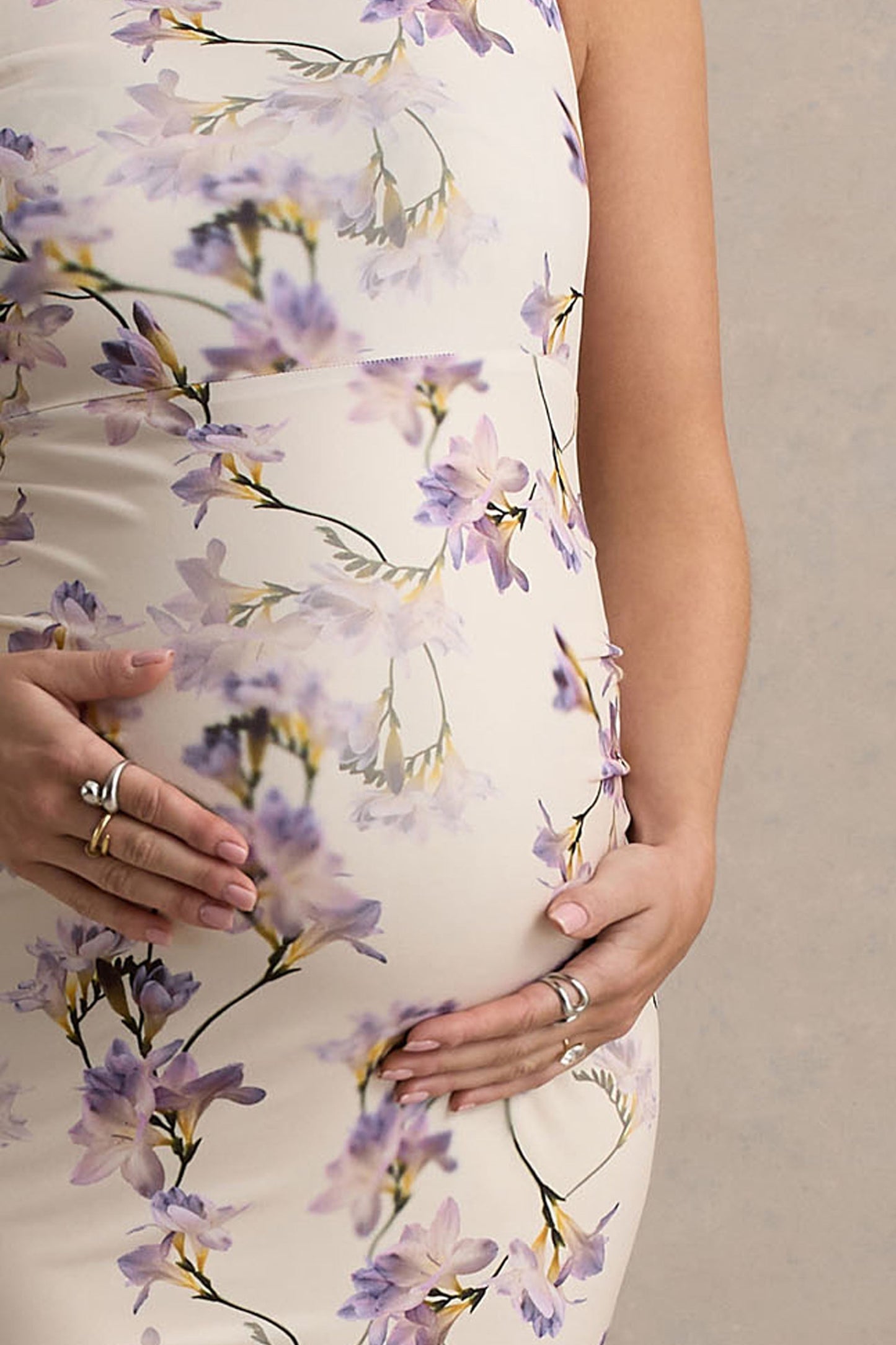 Katarine | Peach Floral Print Asymmetric Knot Maternity Midi Dress
