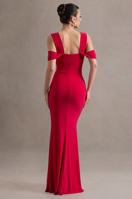 Amoura | Red Square-Neck Draped Wrap Maxi Dress