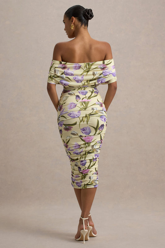 Rayleigh | Tulip Floral Print Bardot Ruched Midi Dress