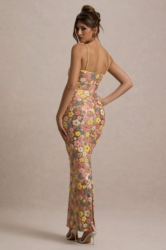 Vitora | Pastel Floral Print Embellished Sequin Square-Neck Maxi Dress
