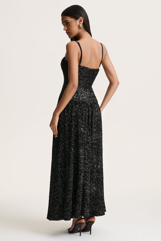 Allora | Black Sequin Square-Neck Maxi Dress With Pleated Skirt