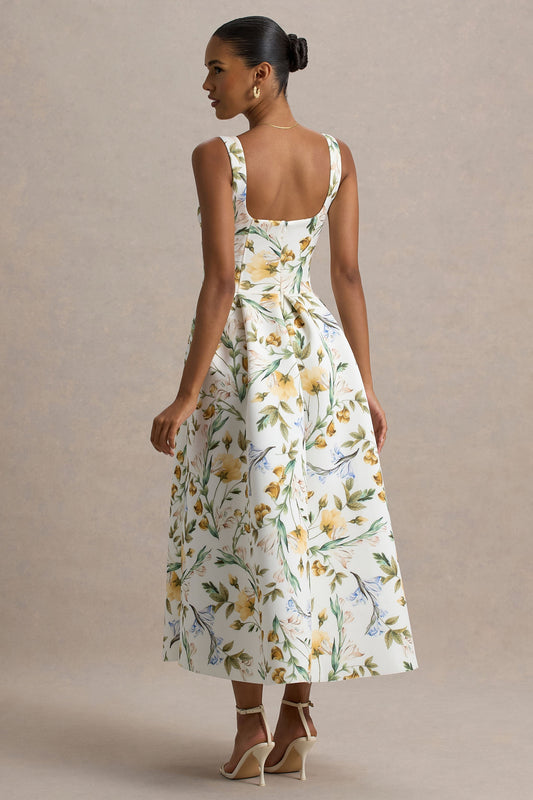 Rosemary | Floral Print Sweetheart Midi Dress With Drop Waist