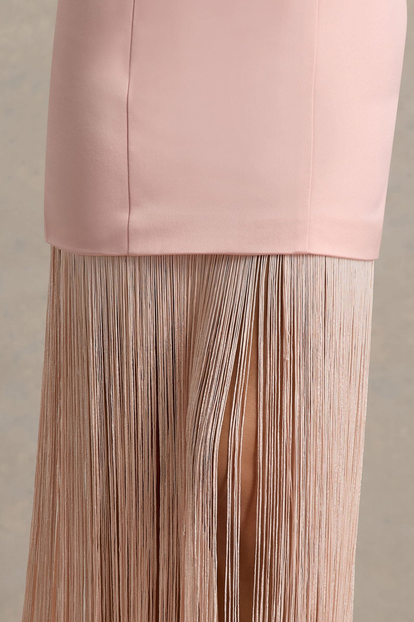 Trinity | Blush Pink Satin Bandeau Maxi Dress With Fringe